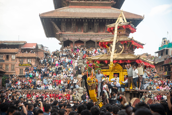 Nepalese devotees celebrate and pull the chariot of Lord Bhairab to mark the beginning of the Biska Jatra festival. The Biska Jatra starts the countdown for the Nepali New Year which begins with the two groups of locals engaging in a tug-of-war to pull the Lord Bhairav chariot to either side of the city area.