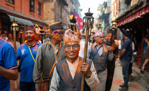 Nepalese devotees carry the torches during the Festival. Sindoor Jatra or vermillion powder festival is celebrated each year to welcome the start of spring and Nepalese New Year, by playing a traditional instrument, singing, dancing, and carrying chariots of several gods and goddesses around the place.