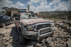A damaged vehicle in the village of Mansouri, in southern Lebanon. After a 10-day ceasefire declared on April 16, 2026, displaced families in Lebanon began returning to assess widespread destruction from weeks of fighting that killed over 2,400 people. Many homes, hospitals, and key infrastructure were damaged, while more than one million people remain displaced. Despite the pause, access to some areas is restricted, and fears persist that fighting could resume.