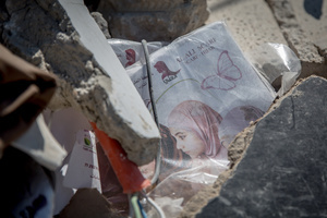 A clothing packet seen in rubble in the village of Mansouri, in southern Lebanon. After a 10-day ceasefire declared on April 16, 2026, displaced families in Lebanon began returning to assess widespread destruction from weeks of fighting that killed over 2,400 people. Many homes, hospitals, and key infrastructure were damaged, while more than one million people remain displaced. Despite the pause, access to some areas is restricted, and fears persist that fighting could resume.