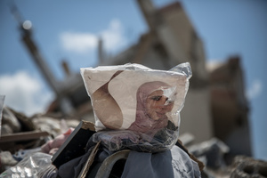 A clothing packet seen in rubble in the village of Mansouri, in southern Lebanon. After a 10-day ceasefire declared on April 16, 2026, displaced families in Lebanon began returning to assess widespread destruction from weeks of fighting that killed over 2,400 people. Many homes, hospitals, and key infrastructure were damaged, while more than one million people remain displaced. Despite the pause, access to some areas is restricted, and fears persist that fighting could resume.