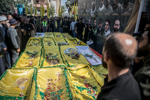 A funeral for 15 Hezbollah fighters in the village of Qlaileh, Tyre District. Hezbollah held a mass funeral in Qlaileh, southern Lebanon, for 15 fighters and one civilian killed during the conflict with Israel. The burials took place during a 10-day ceasefire that allowed families to return to the area. Many of the deceased had been temporarily buried elsewhere due to ongoing fighting.