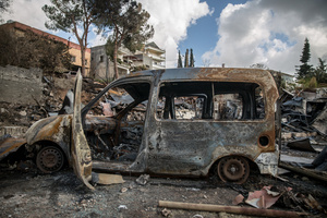 A burnt vehicle on the site where generators were destroyed by Israeli airstrikes in central Jibchit, in the Nabatieh district, southern Lebanon. After a 10-day ceasefire declared on April 16, 2026, displaced families in Lebanon began returning to assess widespread destruction from weeks of fighting that killed over 2,400 people. Many homes, hospitals, and key infrastructure were damaged, while more than one million people remain displaced. Despite the pause, access to some areas is restricted, and fears persist that fighting could resume.