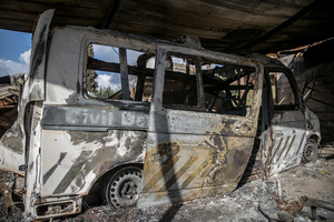 A burnt civil defence vehicle in the village of Jibchit, in the Nabatieh district, southern Lebanon. After a 10-day ceasefire declared on April 16, 2026, displaced families in Lebanon began returning to assess widespread destruction from weeks of fighting that killed over 2,400 people. Many homes, hospitals, and key infrastructure were damaged, while more than one million people remain displaced. Despite the pause, access to some areas is restricted, and fears persist that fighting could resume.