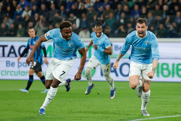 Alessio Romagnoli (R) of SS Lazio celebrates with Fisayo Dele-Bashiru (L) of SS Lazio after scoring a goal in the 84th minute for 0-1 during the Italian Serie A soccer match Atalanta BC vs SS Lazio at New Balance Arena Stadium.
Final score Atalanta BC 1:2 SS Lazio