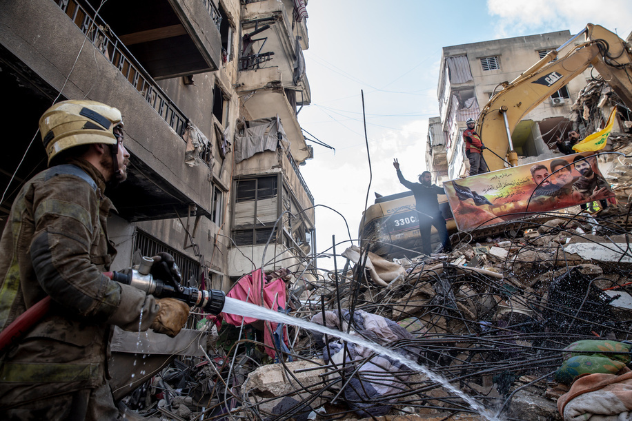 Rescue workers pictured at Hey al-Soulom, in Beirut's southern suburbs, where a search for bodies was still ongoing two days after an airstrike on a supermarket and residential building killed dozens of people. All-out war between Israel and Hezbollah restarted on March 2, after Hezbollah fired rockets towards Israeli territory, following a 15-month ceasefire where Israel continued to attack on a near-daily basis.