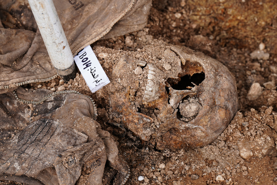 (EDITORS NOTE: image depicts death) 
Human remains are seen at a mass grave in al-Haramat neighborhood, west of Mosul, Iraq. According to Ahmed al-Asadi, head of the mass grave excavation team, three mass graves have been opened in the al-Haramat and Mushairifa neighborhoods, west of Mosul, containing the remains of dozens of victims killed during ISIS control of the city. The victims include members of Kurdish Peshmerga forces, Iraqi security forces and Yazidi civilians, among them women and children. He added that since the liberation of Nineveh province in northern Iraq, around 100 mass graves have been opened, while approximately 20 additional sites containing mass graves remain unexcavated.