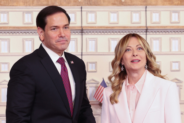 Prime Minister of Italy Giorgia Meloni receives United States Secretary of State Marco Rubio at Palazzo Chigi during the meeting. Prime Minister Giorgia Meloni receives US Secretary of State Marco Rubio at Palazzo Chigi, a face-to-face meeting in Rome following Donald Trump's recent comments against the Italian prime minister. The meeting focuses on Italy-US relations, NATO, and international developments.