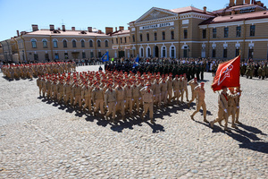 Members of the Yunarmiya organization march on Cathedral Square during the Victory Ball event. A large-scale theatrical reconstruction and flash mob titled "Victory Ball" (Bal Pobedy) takes place on the Cathedral Square of the Peter and Paul Fortress. The event is dedicated to the 81st anniversary of the victory in World War II (WWII). Hundreds of participants, including youth activists, members of the Yunarmia movement, and students in historical and modern military uniforms, perform mass dances and formations. The reconstruction is part of the city-wide celebrations ahead of Victory Day in St. Petersburg.