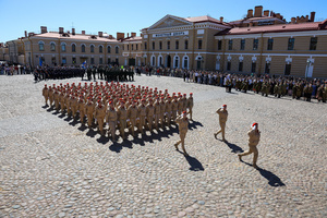 Members of the Yunarmiya organization march on Cathedral Square during the Victory Ball event. A large-scale theatrical reconstruction and flash mob titled "Victory Ball" (Bal Pobedy) takes place on the Cathedral Square of the Peter and Paul Fortress. The event is dedicated to the 81st anniversary of the victory in World War II (WWII). Hundreds of participants, including youth activists, members of the Yunarmia movement, and students in historical and modern military uniforms, perform mass dances and formations. The reconstruction is part of the city-wide celebrations ahead of Victory Day in St. Petersburg.