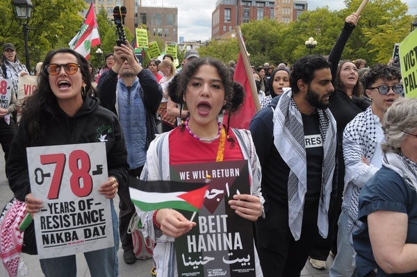 Pro-Palestine demonstrators rally chanting slogans and holding placards in Washington Square Park. Pro-Palestine demonstrators rallied in New York City condemning Israel for occupying Palestine. The march took place on Nakba Day. Nakba Day marks the day in 1948 when Israeli forces expelled Palestinians from lands that became part of the state of Israel. Protesters criticized the Israel Defense Forces for its military operations in Gaza. Israel and Hamas agreed to a fragile ceasefire in October 2025, although there have been Israeli strikes in Gaza following the peace deal.