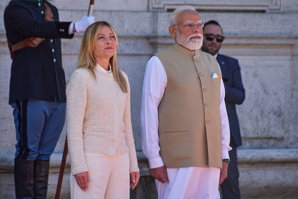 Prime Minister Giorgia Meloni and Indian Prime Minister Narendra Modi seen during the official arrival ceremony at Villa Pamphilj for their bilateral summit in Rome.