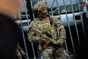A soldier guards during the 147th commemoration of Naval Glories Day. Commemoration number 147 of Naval Glories Day, with the presence of the president of Chile Jose Antonio Kast, in the city of Valparaiso, Chile.