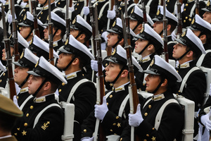 The Chilean Navy formed up to begin the parade during the 147th commemoration of Naval Glories Day. Commemoration number 147 of Naval Glories Day, with the presence of the president of Chile Jose Antonio Kast, in the city of Valparaiso, Chile.