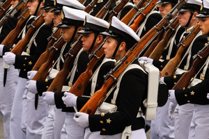 The Chilean Navy formed up to begin the parade during the 147th commemoration of Naval Glories Day. Commemoration number 147 of Naval Glories Day, with the presence of the president of Chile Jose Antonio Kast, in the city of Valparaiso, Chile.