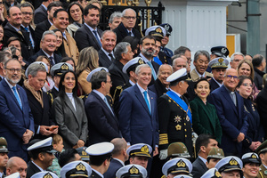 President Jose Antonio Kast (center) smiles at the shouts of his supporters at the 147th commemoration of Naval Glories Day. Commemoration number 147 of Naval Glories Day, with the presence of the president of Chile Jose Antonio Kast, in the city of Valparaiso, Chile.