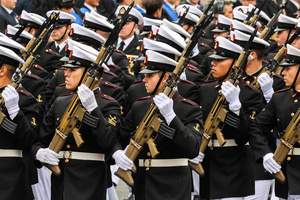 The Chilean Navy marches during the 147th commemoration of Naval Glories Day. Commemoration number 147 of Naval Glories Day, with the presence of the president of Chile Jose Antonio Kast, in the city of Valparaiso, Chile.
