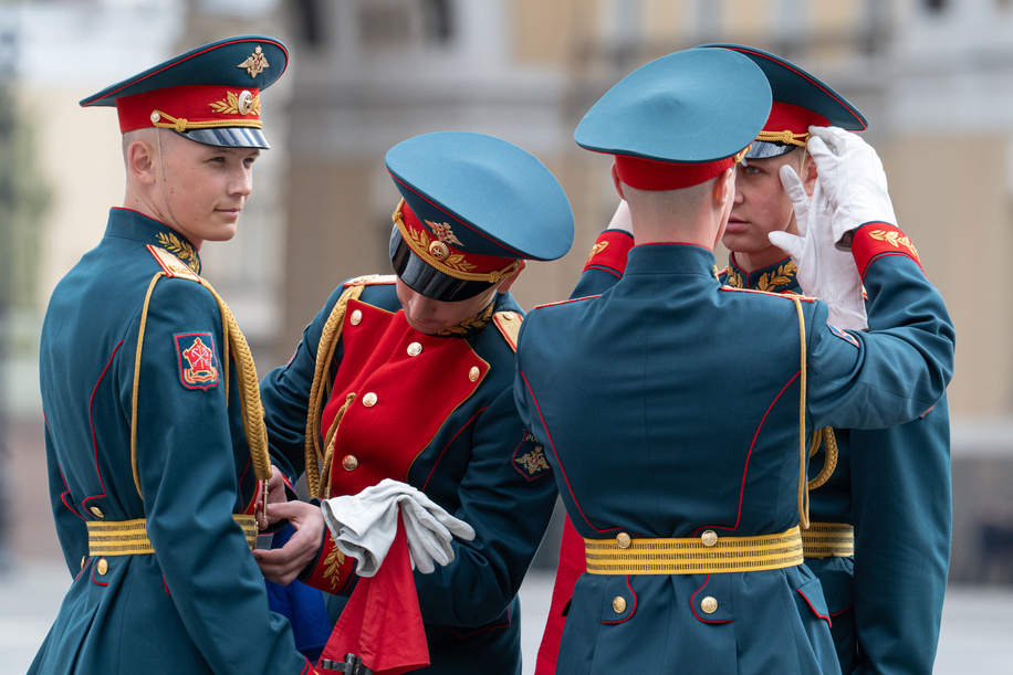 Members of the honor guard prepare for a rehearsal of the Victory Day parade. Victory Day, celebrated annually on May 9, marks the Soviet Union’s 1945 victory over Nazi Germany in what Russia calls the Great Patriotic War. As Russia prepares for the 81st anniversary, military rehearsals are taking place in Red Square, although the 2026 parade has been scaled back amid security concerns and drone threats. The holiday remains a major symbol of national identity, honoring the millions of Soviet citizens who died during the war through ceremonies, veteran tributes, and displays of the St. George ribbon.