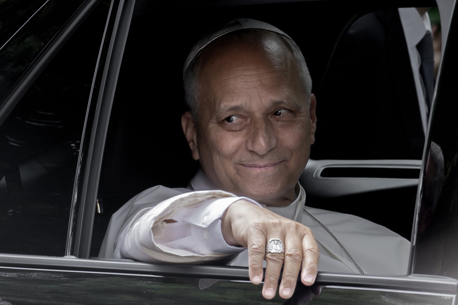 Pope Leo XIV leaves at the end of his visit to Sapienza University, Rome's first university.