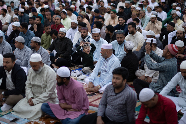 Dozens of Muslims celebrate the Muslim festival of the lamb on a sports field in the center of Madrid. Celebration in the Lavapiés neighborhood of Madrid of Eid al-Adha, or the Feast of Sacrifice, popularly known as the Day of the Lamb. This is the most important festival in the Islamic calendar and commemorates the prophet Abraham (Ibrahim)'s willingness to sacrifice his son as an act of obedience to God, who, seeing his faith, intervened by sending a lamb in his place.