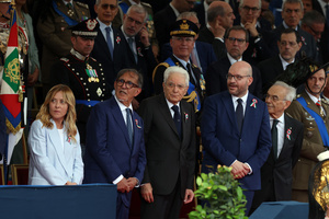 (L to R) Prime Minister Giorgia Meloni, President of the Senate Ignazio La Russa, President of the Republic Sergio Mattarella and President of the Chamber Lorenzo Fontana attend the parade. Heads of state and government attended the 80th Anniversary of Republic Day celebrations and the traditional military parade through the Imperial Fora. The ceremony, which pays homage to the values ​​of the Republic and the Armed Forces, took place in the heart of the capital before the highest Italian institutional officials and international delegations.