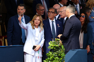 (L to R) Prime Minister Giorgia Meloni and President of the Senate Ignazio La Russa attend the parade. Heads of state and government attended the 80th Anniversary of Republic Day celebrations and the traditional military parade through the Imperial Fora. The ceremony, which pays homage to the values ​​of the Republic and the Armed Forces, took place in the heart of the capital before the highest Italian institutional officials and international delegations.