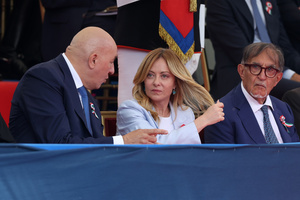(L to R) Minister of Defense Guido Crosetto, Prime Minister Giorgia Meloni, and President of the Senate Ignazio La Russa attend the parade. Heads of state and government attended the 80th Anniversary of Republic Day celebrations and the traditional military parade through the Imperial Fora. The ceremony, which pays homage to the values ​​of the Republic and the Armed Forces, took place in the heart of the capital before the highest Italian institutional officials and international delegations.