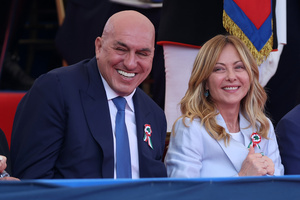 (L to R) Guido Crosetto seen joking with Giorgia Meloni during the parade.. Heads of state and government attended the 80th Anniversary of Republic Day celebrations and the traditional military parade through the Imperial Fora. The ceremony, which pays homage to the values ​​of the Republic and the Armed Forces, took place in the heart of the capital before the highest Italian institutional officials and international delegations.