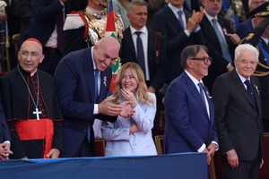 (L to R) Cardinal Baldassare Reina, Guido Crosetto seen joking with Giorgia Meloni, Ignazio La Russa, Sergio Mattarella during the parade. Heads of state and government attended the 80th Anniversary of Republic Day celebrations and the traditional military parade through the Imperial Fora. The ceremony, which pays homage to the values ​​of the Republic and the Armed Forces, took place in the heart of the capital before the highest Italian institutional officials and international delegations.