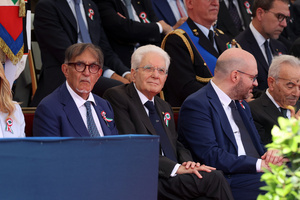(L to R) President of the Senate Ignazio La Russa, President of the Republic Sergio Mattarella and Speaker of the Chamber Lorenzo Fontana attend the parade. Heads of state and government attended the 80th Anniversary of Republic Day celebrations and the traditional military parade through the Imperial Fora. The ceremony, which pays homage to the values ​​of the Republic and the Armed Forces, took place in the heart of the capital before the highest Italian institutional officials and international delegations.