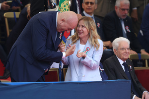 (L to R) Guido Crosetto seen joking with Giorgia Meloni during the parade.. Heads of state and government attended the 80th Anniversary of Republic Day celebrations and the traditional military parade through the Imperial Fora. The ceremony, which pays homage to the values ​​of the Republic and the Armed Forces, took place in the heart of the capital before the highest Italian institutional officials and international delegations.
