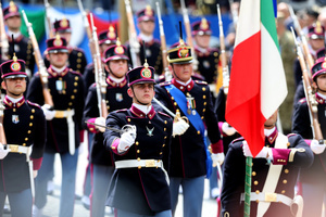 Italian Army officer cadets march during the parade. Heads of state and government attended the 80th Anniversary of Republic Day celebrations and the traditional military parade through the Imperial Fora. The ceremony, which pays homage to the values ​​of the Republic and the Armed Forces, took place in the heart of the capital before the highest Italian institutional officials and international delegations.