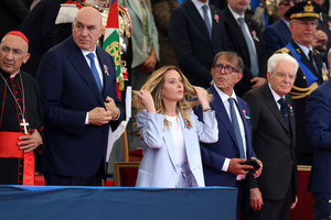 (L to R) Cardinal Baldassare Reina, Guido Crosetto seen joking with Giorgia Meloni, Ignazio La Russa and Sergio Mattarella during the parade. Heads of state and government attended the 80th Anniversary of Republic Day celebrations and the traditional military parade through the Imperial Fora. The ceremony, which pays homage to the values ​​of the Republic and the Armed Forces, took place in the heart of the capital before the highest Italian institutional officials and international delegations.