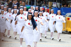Red Cross nurses march during the parade. Heads of state and government attended the 80th Anniversary of Republic Day celebrations and the traditional military parade through the Imperial Fora. The ceremony, which pays homage to the values ​​of the Republic and the Armed Forces, took place in the heart of the capital before the highest Italian institutional officials and international delegations.