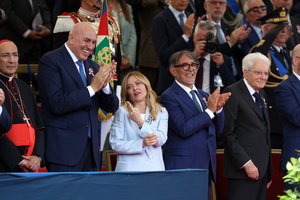 (L to R) Guido Crosetto seen joking with Giorgia Meloni, Ignazio La Russa and Sergio Mattarella during the event. Heads of state and government attended the 80th Anniversary of Republic Day celebrations and the traditional military parade through the Imperial Fora. The ceremony, which pays homage to the values ​​of the Republic and the Armed Forces, took place in the heart of the capital before the highest Italian institutional officials and international delegations.