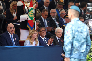 (L to R) Guido Crosetto, Giorgia Meloni, Ignazio La Russa and Sergio Mattarella seen during the event. Heads of state and government attended the 80th Anniversary of Republic Day celebrations and the traditional military parade through the Imperial Fora. The ceremony, which pays homage to the values ​​of the Republic and the Armed Forces, took place in the heart of the capital before the highest Italian institutional officials and international delegations.