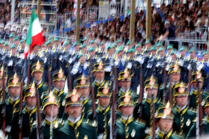 Italian financial police officers march during the parade. Heads of state and government attended the 80th Anniversary of Republic Day celebrations and the traditional military parade through the Imperial Fora. The ceremony, which pays homage to the values ​​of the Republic and the Armed Forces, took place in the heart of the capital before the highest Italian institutional officials and international delegations.