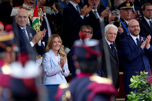 (L to R) Cardinal Baldassare Reina, Guido Crosetto joking with Giorgia Meloni, Ignazio La Russa and Sergio Mattarella during the event. Heads of state and government attended the 80th Anniversary of Republic Day celebrations and the traditional military parade through the Imperial Fora. The ceremony, which pays homage to the values ​​of the Republic and the Armed Forces, took place in the heart of the capital before the highest Italian institutional officials and international delegations.