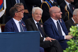 (L to R) Ignazio La Russa, Sergio Mattarella and Lorenzo Fontana seen during the event. Heads of state and government attended the 80th Anniversary of Republic Day celebrations and the traditional military parade through the Imperial Fora. The ceremony, which pays homage to the values ​​of the Republic and the Armed Forces, took place in the heart of the capital before the highest Italian institutional officials and international delegations.