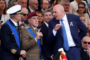(L to R) Admiral Giuseppe Berutti Bergotto, Commander of the Italian Army Carmine Masiello and Minister of Defense Guido Crosetto seen during the parade. Heads of state and government attended the 80th Anniversary of Republic Day celebrations and the traditional military parade through the Imperial Fora. The ceremony, which pays homage to the values ​​of the Republic and the Armed Forces, took place in the heart of the capital before the highest Italian institutional officials and international delegations.