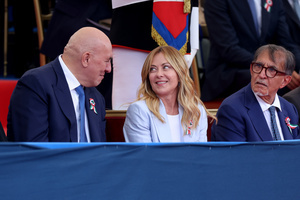 (L to R) Guido Crosetto seen joking with Giorgia Meloni and Ignazio La Russa during the event. Heads of state and government attended the 80th Anniversary of Republic Day celebrations and the traditional military parade through the Imperial Fora. The ceremony, which pays homage to the values ​​of the Republic and the Armed Forces, took place in the heart of the capital before the highest Italian institutional officials and international delegations.