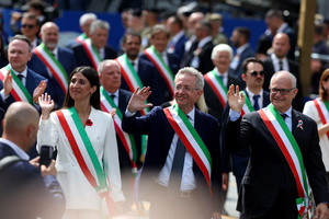 (L to R) Gaetano Manfredi Mayor of Naples and Roberto Gualtieri Mayor of Rome attend the parade. Heads of state and government attended the 80th Anniversary of Republic Day celebrations and the traditional military parade through the Imperial Fora. The ceremony, which pays homage to the values ​​of the Republic and the Armed Forces, took place in the heart of the capital before the highest Italian institutional officials and international delegations.