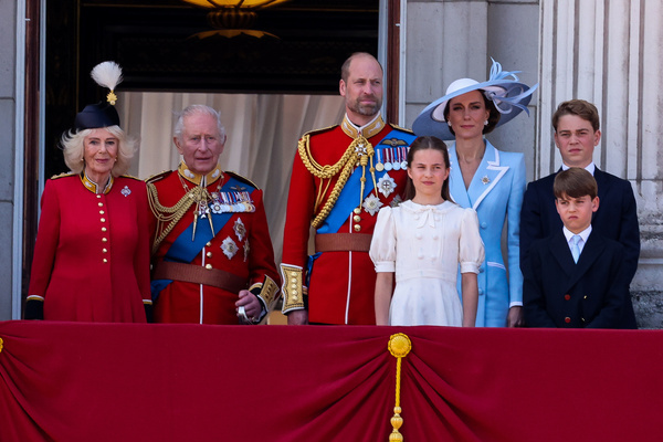 Queen Camilla, King Charles III, Prince William, Catherine, Princess of Wales, Princess Charlotte of Wales, Prince Louis of Wales and Prince George of Wales stand on the balcony of Buckingham Palace after attending Trooping the Colour 2026.
