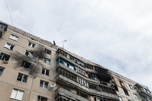 A building seen damaged and burnt-out following a Russian drone strike.