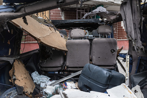 A van seen damaged following a Russian FPV drone.