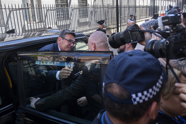 Andy Burnham, Member of Parliament for Makerfield, arrives to Parliament Street, in a black cab ahead of his swearing in to Parliament. He is widely expected to succeed Keir Starmer as Prime Minister, who resigned shortly before Burnham's arrival.