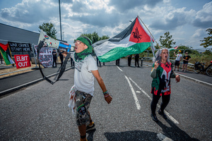 Pro-Palestinian protestors chant slogans during a protest outside Elbit Systems weapons factory. Pro-Palestinian protestors gathered outside Elbit Systems factory in Filton, Bristol to accuse the arms company of supplying Israel with weaponry and drones for its war in Gaza.
