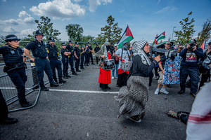 Hundreds of pro-Palestinian protestors gather outside Elbit Systems weapons factory during the rally. Pro-Palestinian protestors gathered outside Elbit Systems factory in Filton, Bristol to accuse the arms company of supplying Israel with weaponry and drones for its war in Gaza.