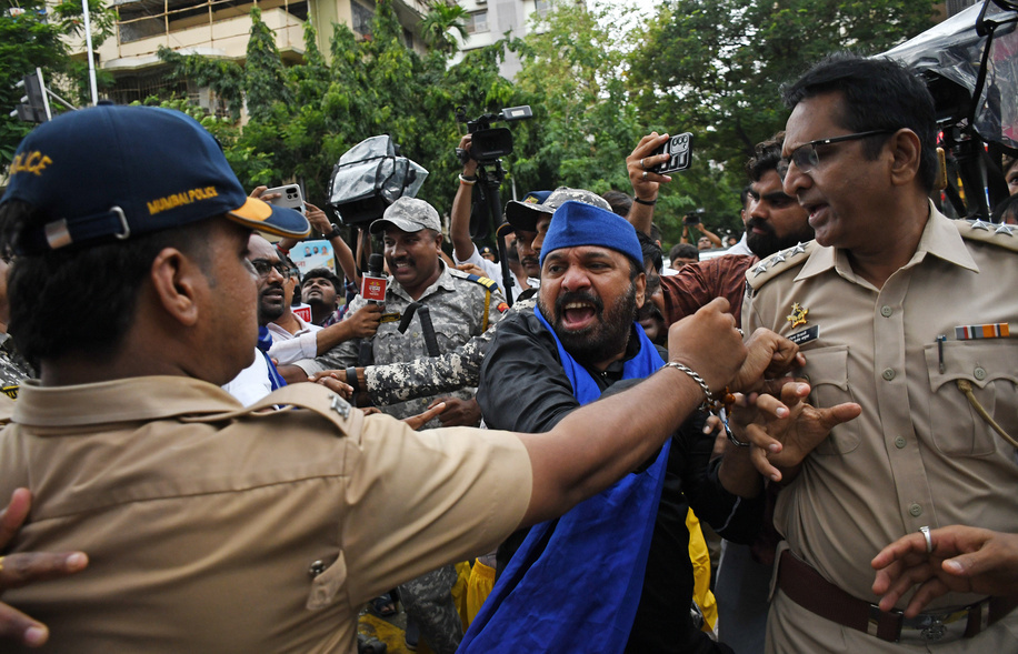 A demonstrator gets into a scuffle with policemen during a protest in support of climate activist and education reformer Sonam Wangchuk in Mumbai. Climate activist and education reformer Sonam Wangchuk began an indefinite hunger strike at Delhi's Jantar Mantar in solidarity with the Cockroach Janta Party (CJP), a youth-led movement protesting alleged paper leaks and irregularities in major national medical entrance examinations. Wangchuk joined student-led demonstrations calling for the resignation of Union Education Minister Dharmendra Pradhan and demanding greater accountability and reforms in India's education system.