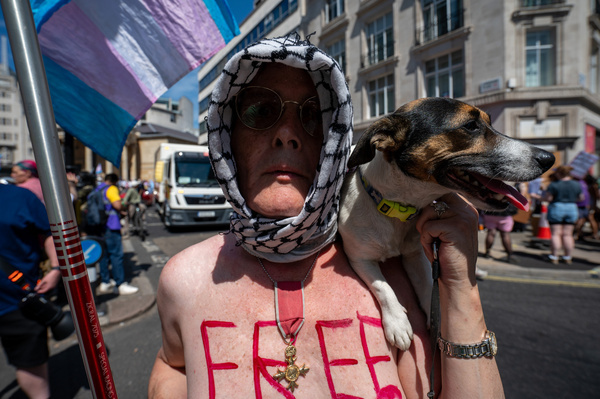Activist, Sara Jane Baker takes part during the Trans Pride+ London march. Thousands of people joined the seventh annual Trans+ Pride march and rally in central London. The event celebrated the trans community while promoting equality and challenging discrimination through visibility and collective action. The march set off from Langham Place at 2 p.m., paused at three points for speeches and to welcome additional participants, and concluded with a rally and further speeches in Trafalgar Square.
